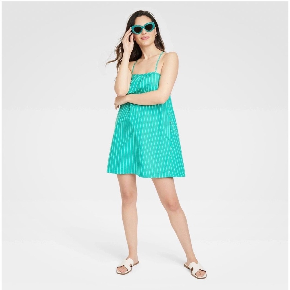A New Day Striped Mini Dress Womens S Green NWT Cotton Pockets Tie Back Summer